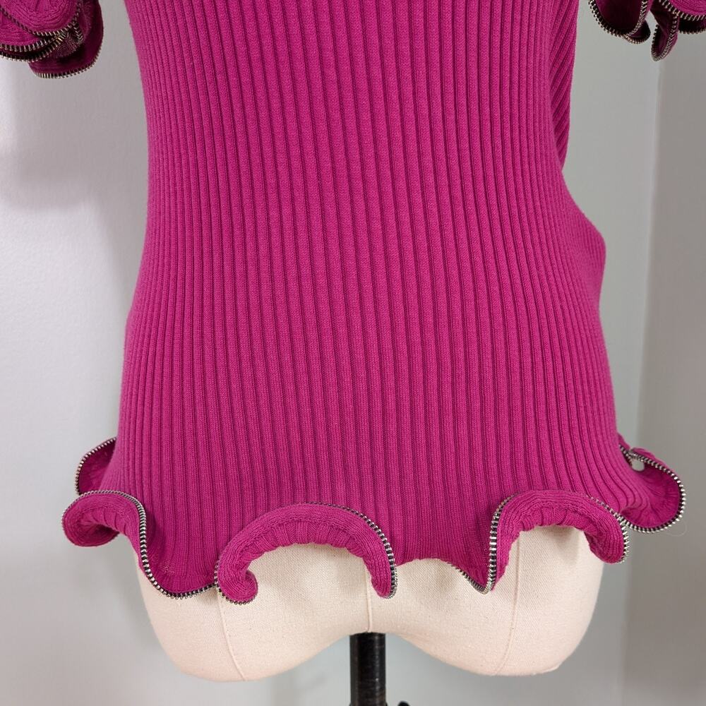 Alexander Wang Sweater Top M Pink Zipper Ruffle Ribbed Knit Short Sleeve Glam - Picture 5 of 13
